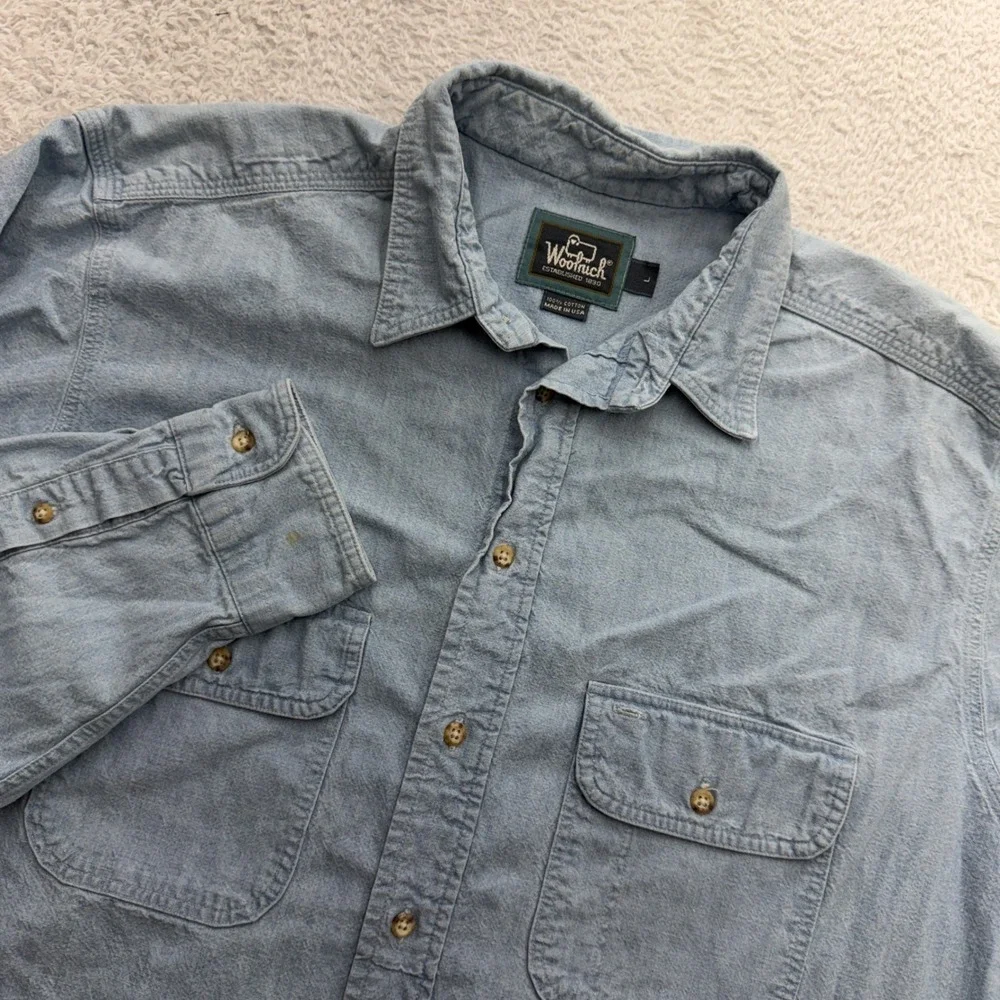 Woolrich Mens Blue Cotton Chamois Long Sleeve Button‎ Down Shirt L Made in USA